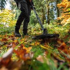 Metal detectorist in autumn forest