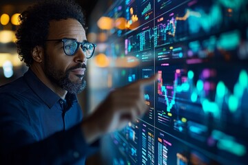 Analyst using interactive touchscreen dashboard to visualize customer satisfaction metrics and net promoter score (nps)