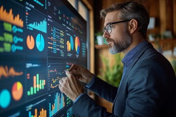 Business advisor presenting yearly revenue report on a large screen with bar charts and pie charts concept of fiscal analysis and investment review