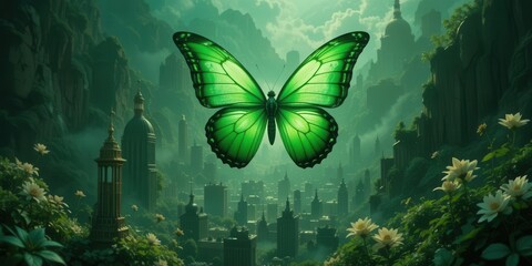 A Green Butterfly  A Flight of the wind, and growth of the city  Art Nouveau Style over Cityscape Background