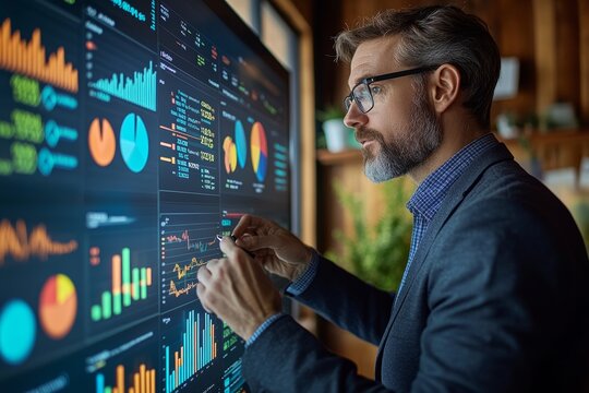 Business advisor presenting yearly revenue report on a large screen with bar charts and pie charts concept of fiscal analysis and investment review