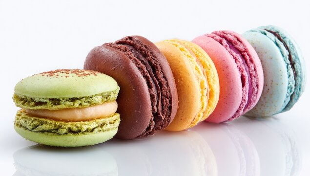 Colorful macarons in a row, close-up