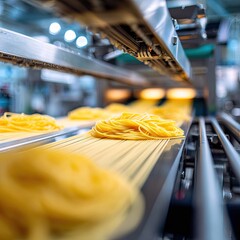 Fresh pasta on a conveyor belt moving through a food processing plant.  Stainless steel machinery and equipment are visible