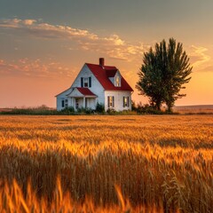 A quaint, white farmhouse with a red roof sits in a golden wheat field at sunrise.  Peaceful, rural landscape