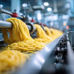 Fresh pasta strands flow from industrial machinery on a conveyor belt in a food processing plant