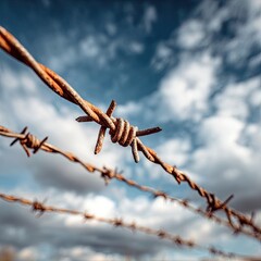 Rusty barbed wire against a cloudy sky