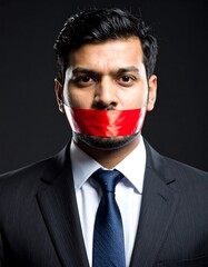 Serious man in dark suit, taped mouth