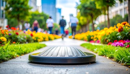 City sidewalk with flowers and pedestrian traffic