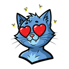 Love-struck Cat: A captivating illustration of a charming, azure-colored cat with heart-shaped eyes, radiating affection and accompanied by whimsical fireflies. 