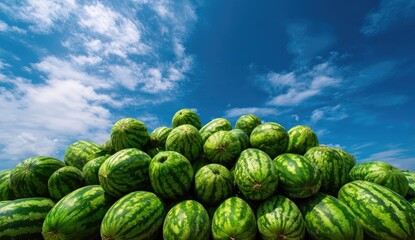 A large pile of watermelons against a vibrant blue sky dotted with fluffy white clouds (1)