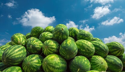 A large pile of watermelons against a vibrant blue sky dotted with fluffy white clouds