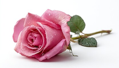 Pink rose with water droplets on white background