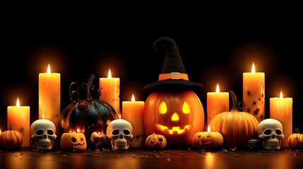 Cute creepy pumpkins and mini skulls with glowing candles, witch hat on orange