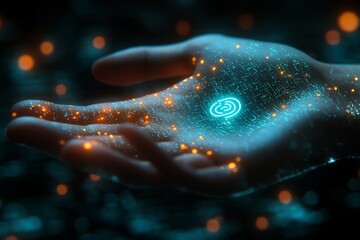 Close-up of business hand using a fingerprint scanner for secure access to digital contract files data protection and privacy concept