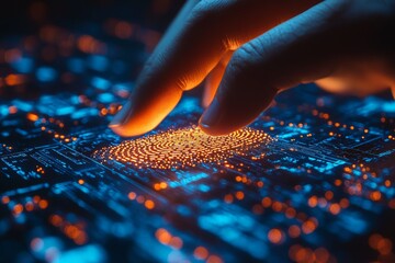 Close-up of business hand using a fingerprint scanner for secure access to digital contract files data protection and privacy concept