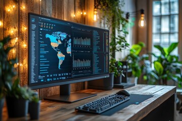 Data analyst using dual monitors to review operational dashboard and export csv files with performance reports and trend analytics