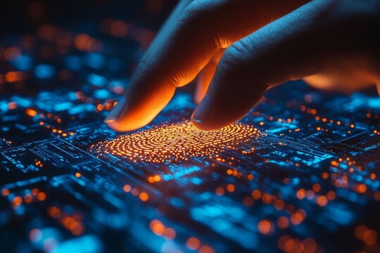 Close-up of business hand using a fingerprint scanner for secure access to digital contract files data protection and privacy concept