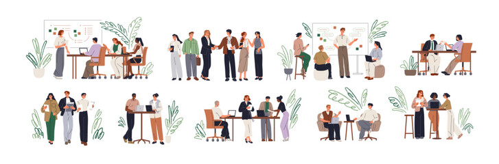 Office communication, collaboration set. Business teams, people, colleagues coworking, discussing during meeting, professional conversations. Flat vector illustrations isolated on white background. © Good Studio