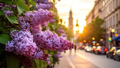 Lilac blossoms line a city street at sunset