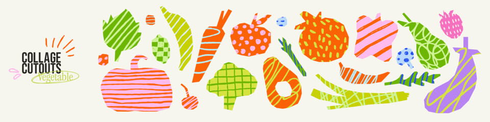 Colorful vegetable collage cutouts in playful crayon style. Irregular carrots, pumpkins, broccoli, fruits. Fun doodle scrapbook stickers.