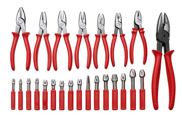 Assortment of Red and Silver Pliers on Transparent Background