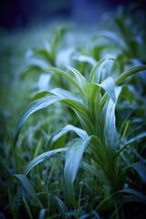 Lush green foliage, close-up, displays intricate leaf patterns in a soft, muted light.