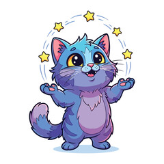 Whimsical Kitten with Stars: A charming cartoon kitten delights with outstretched paws as stars magically circle its head, radiating joy and fantasy.