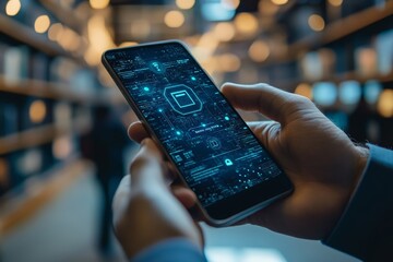 Businessman logging into secure company network using multi-factor authentication app on smartphone concept of data security and corporate protection