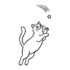 Celestial Cat: A charming illustration depicts a whimsical scene of a curious cat reaching for a falling star, embodying wonder, curiosity, and the magic of dreams.