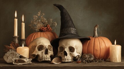 Whimsical scary pumpkins and skulls with candlelight, witch hat on orange