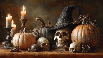 Whimsical scary pumpkins and skulls with candlelight, witch hat on orange