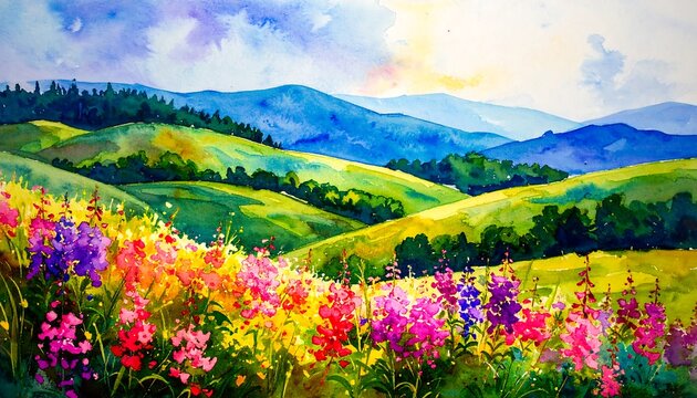 Colorful watercolor landscape of rolling hills and wildflowers