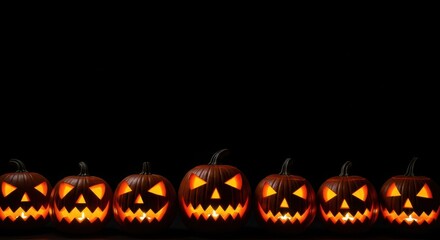 Naklejka premium Row of Spooky Carved Pumpkins for Halloween Celebration