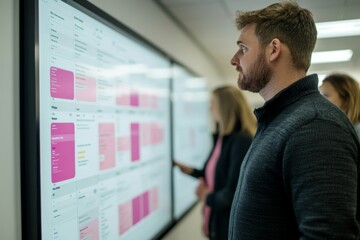 Business team reviewing iso audit checklist on a wall-mounted digital screen ensuring procedural compliance and quality assurance standards