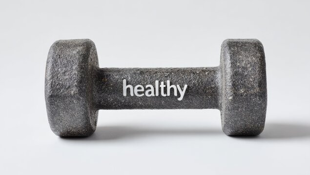 A dark gray dumbbell with the word "healthy" printed on it - Powered by Adobe