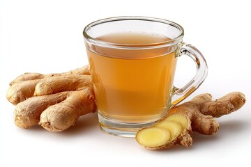 Glass cup of ginger tea with fresh ginger roots