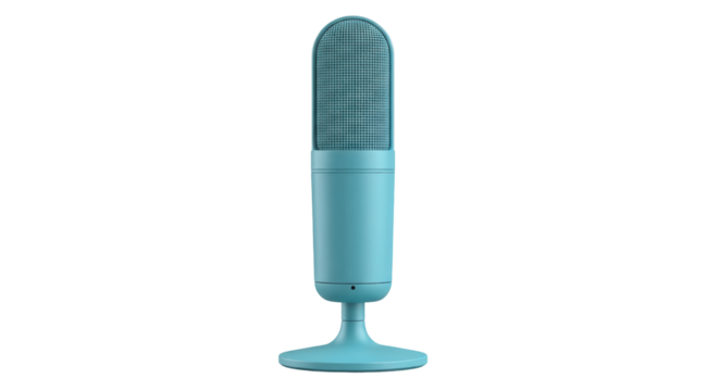 Isolated teal blue condenser microphone for podcasting, recording and broadcasting studio