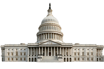 Naklejka premium Front facade of a large, light-colored capitol building with a dome