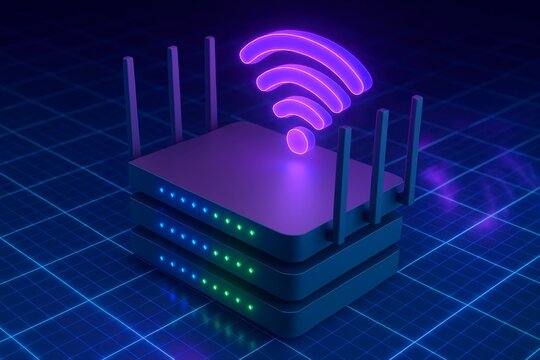 Illuminated wifi symbol above a stacked router on a grid background