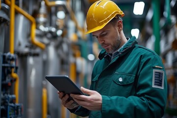 Employee filling out digital incident report on company tablet after workplace safety inspection part of iso procedure and audit trail