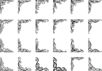 Vector art of extensive collection of black and white decorative corner elements
