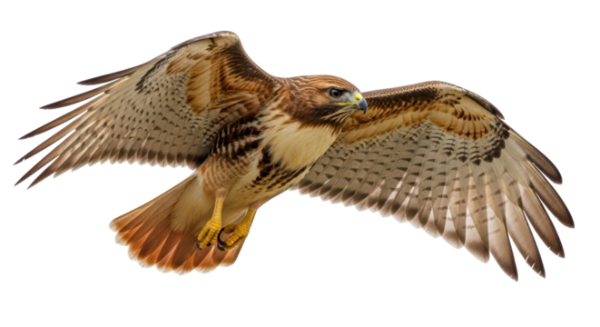 Isolated hawk raptor spreading its wings mid-flight with no ground in sight hunting