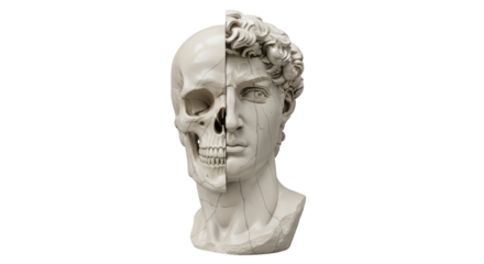 Isolated sculpture combining a skull and a portrait face, evoking themes of life, death, and art