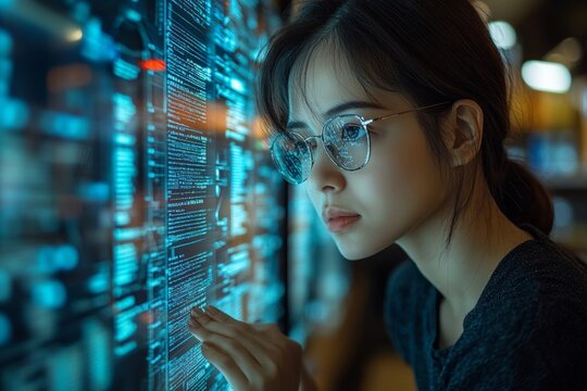 Businesswoman using search bar on digital archive interface to retrieve official records and compliance documents for company audit