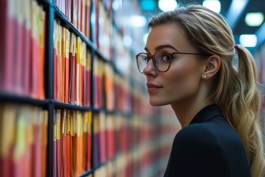 Businesswoman using search bar on digital archive interface to retrieve official records and compliance documents for company audit - Powered by Adobe