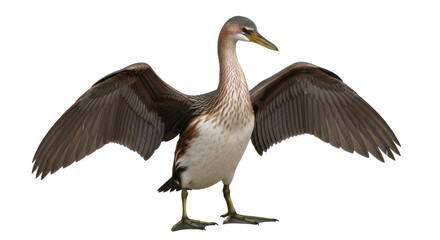 Isolated juvenile heron with outstretched wings, bird with brown feathers and long neck