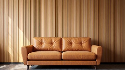 Modern orange tufted sofa against a warm wood paneled wall