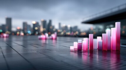 Futuristic Financial Chart with Glowing Pink Bars Against Blurred Cityscape Backdrop in Soft Lighting