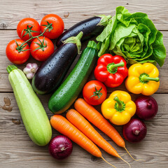 Fresh organic vegetables on a rustic wooden tabl