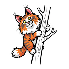Curious Cartoon Cat Climbing a Tree: A playful, cartoonish cat, with bright orange and brown fur, confidently climbs a sturdy tree.